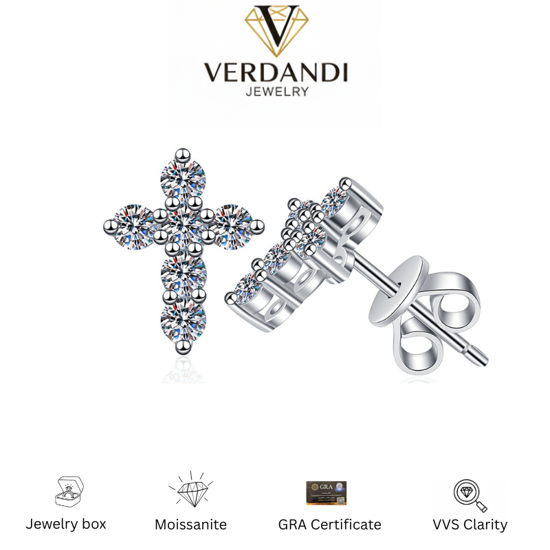Pax Moissanite Cross Stud Earrings in 925 Sterling Silver Religious Christian Jewelry Gift for Her