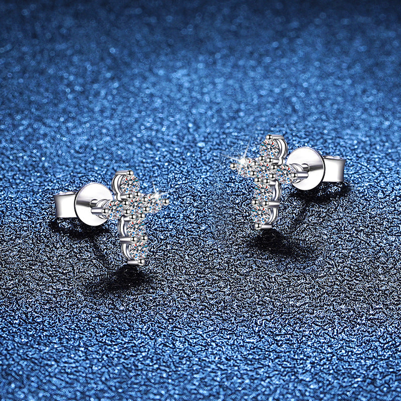 Pax Moissanite Cross Stud Earrings in 925 Sterling Silver Religious Christian Jewelry Gift for Her