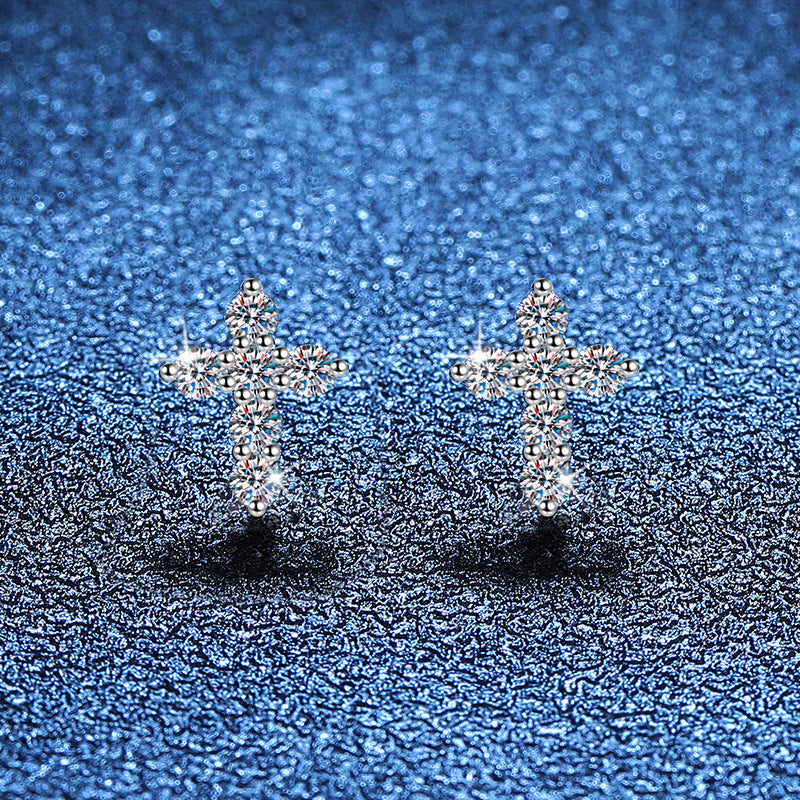 Pax Moissanite Cross Stud Earrings in 925 Sterling Silver Religious Christian Jewelry Gift for Her