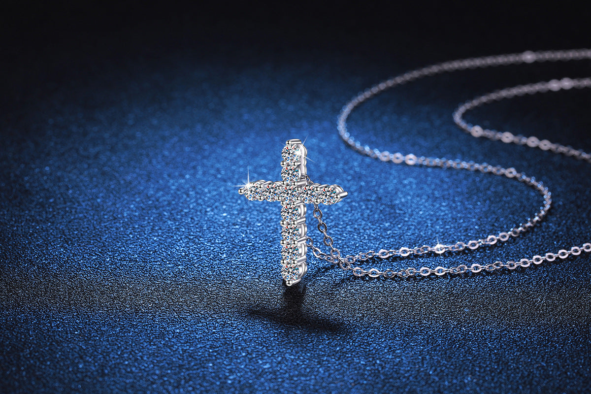 Veritas Moissanite Cross Pendant in 925 Sterling Silver Necklace