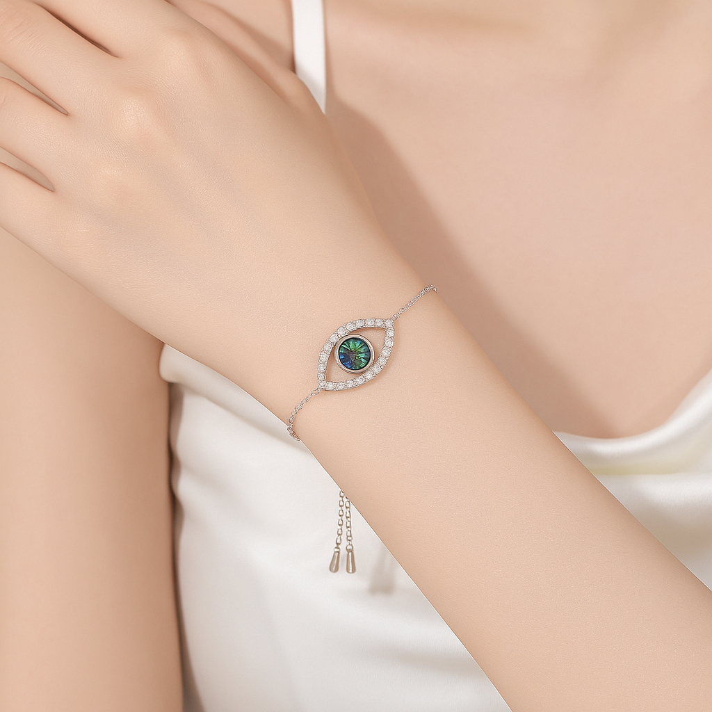 Verdandi Jewelry "The Guardian" Moissanite Evil Eye Bracelet - Adjustable Slider - GRA Certified
