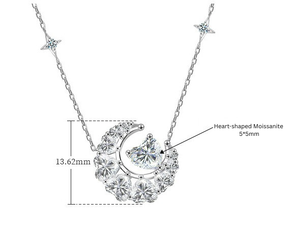 Verdandi Jewelry "Love to the Moon" Moissanite Heart & Crescent Necklace - Star Chain