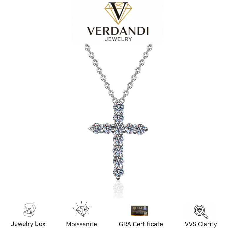 Veritas Moissanite Cross Pendant in 925 Sterling Silver Necklace