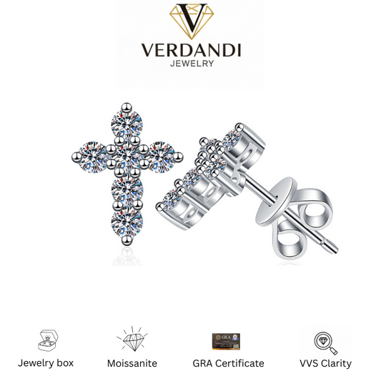 Pax Moissanite Cross Stud Earrings in 925 Sterling Silver Religious Christian Jewelry Gift for Her