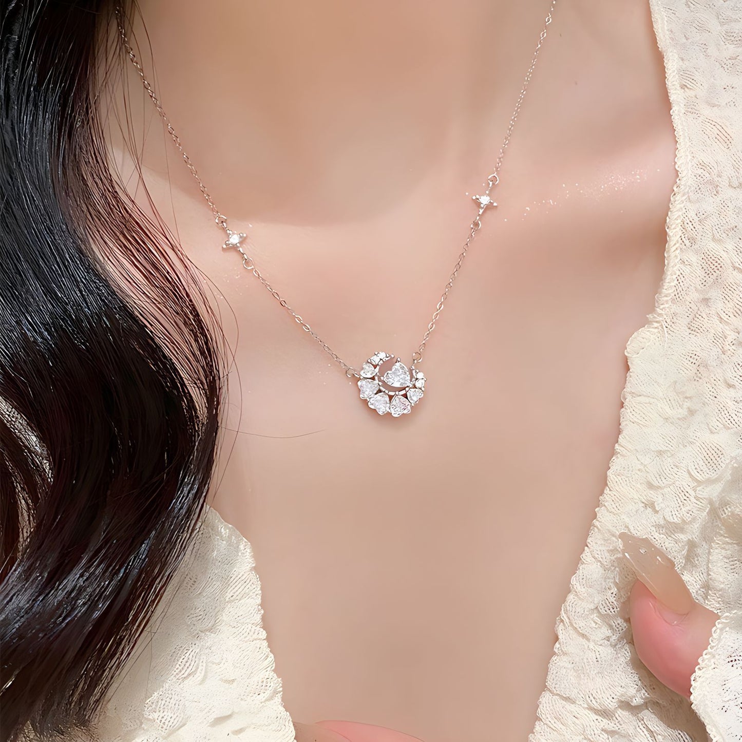Verdandi Jewelry "Love to the Moon" Moissanite Heart & Crescent Necklace - Star Chain