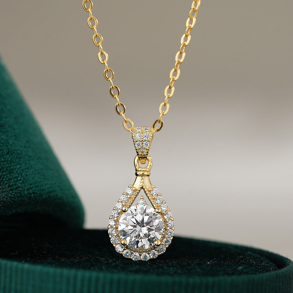 Verdandi Jewelry "Golden Teardrop" 1CT Moissanite Necklace - 14k Gold Plated Halo