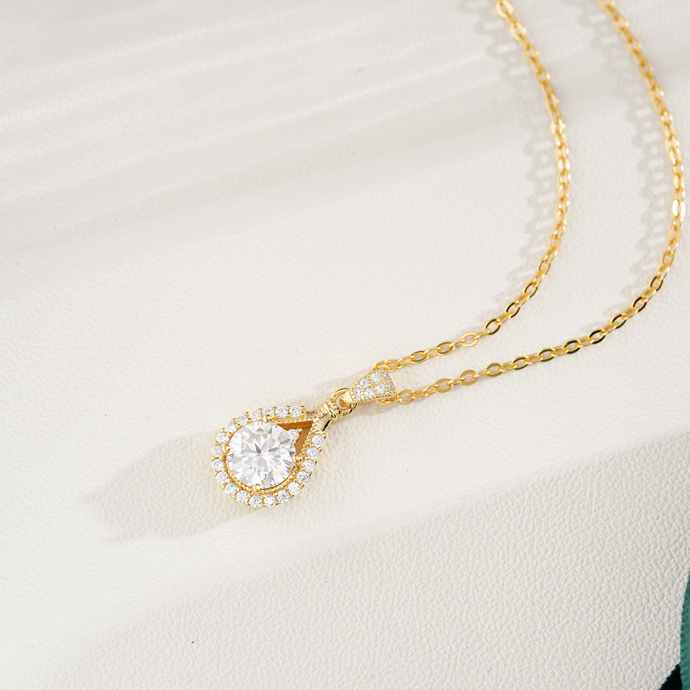 Verdandi Jewelry "Golden Teardrop" 1CT Moissanite Necklace - 14k Gold Plated Halo