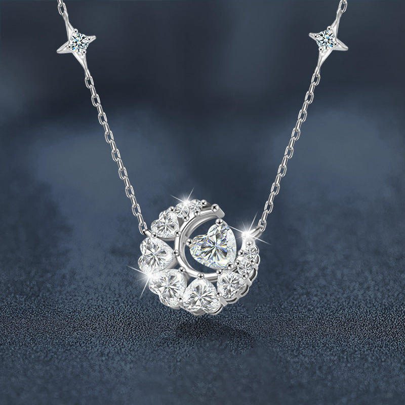 Verdandi Jewelry "Love to the Moon" Moissanite Heart & Crescent Necklace - Star Chain