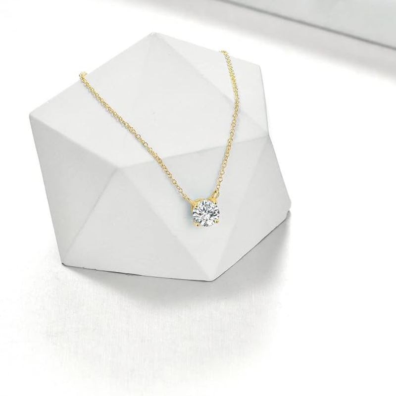 Verdandi Jewelry "The Classic" Round Solitaire Moissanite Necklace - 14k Gold Plated