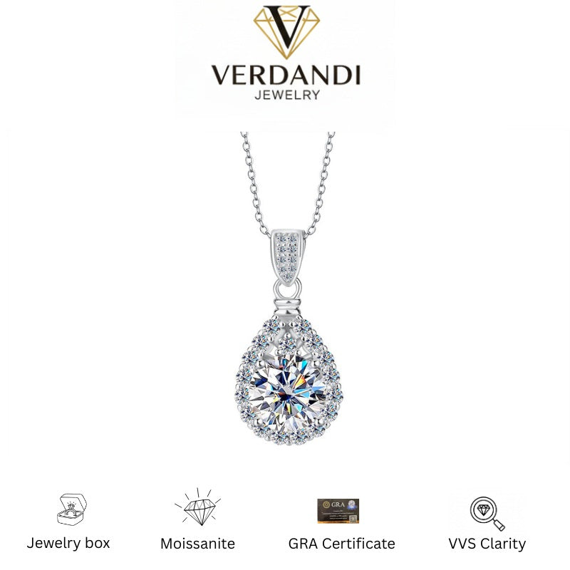 Verdandi Jewelry 5CT "Eternal" Pear Halo Necklace - GRA Certified in 925 Sterling Silver