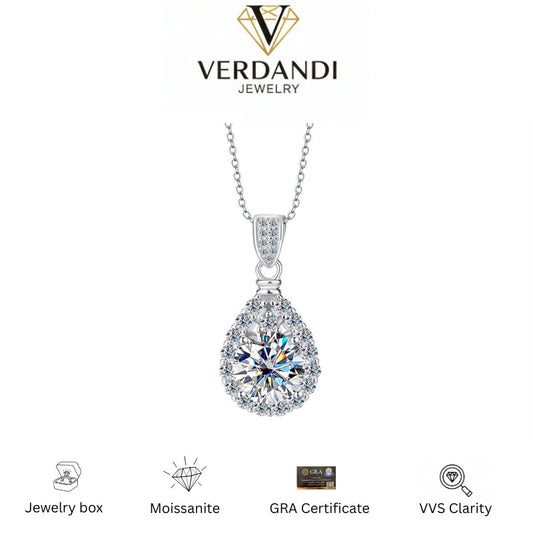 Verdandi Jewelry 5CT "Eternal" Pear Halo Necklace - GRA Certified in 925 Sterling Silver