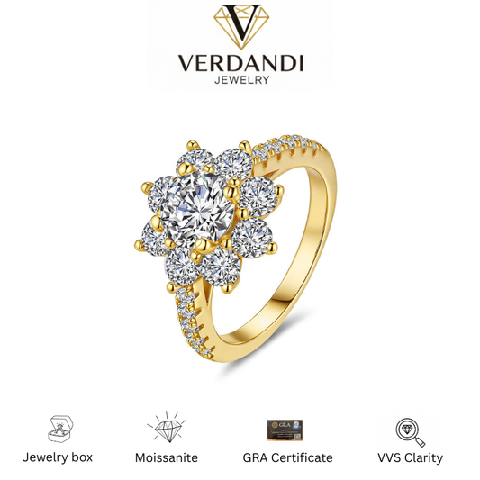 Verdandi Jewelry 1CT "Sunflower" Halo Ring - 14k Gold - VVS Moissanite