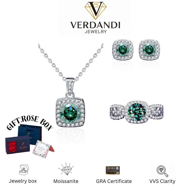 Verdandi Jewelry "Verdant" 3-Piece Set 3.0 CTW Moissanite Ring, Necklace & Earrings - Includes Gift Rose Box