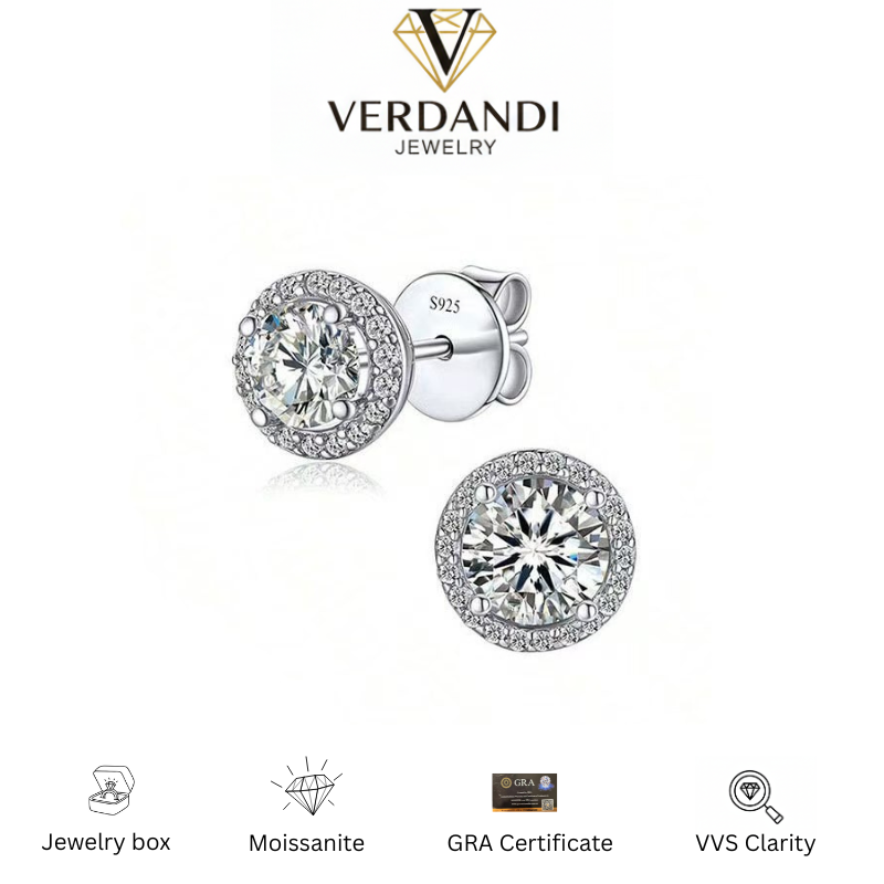 Aura Halo Moissanite Studs 0.5ct Round Brilliant Cut Earrings in 925 Sterling Silver