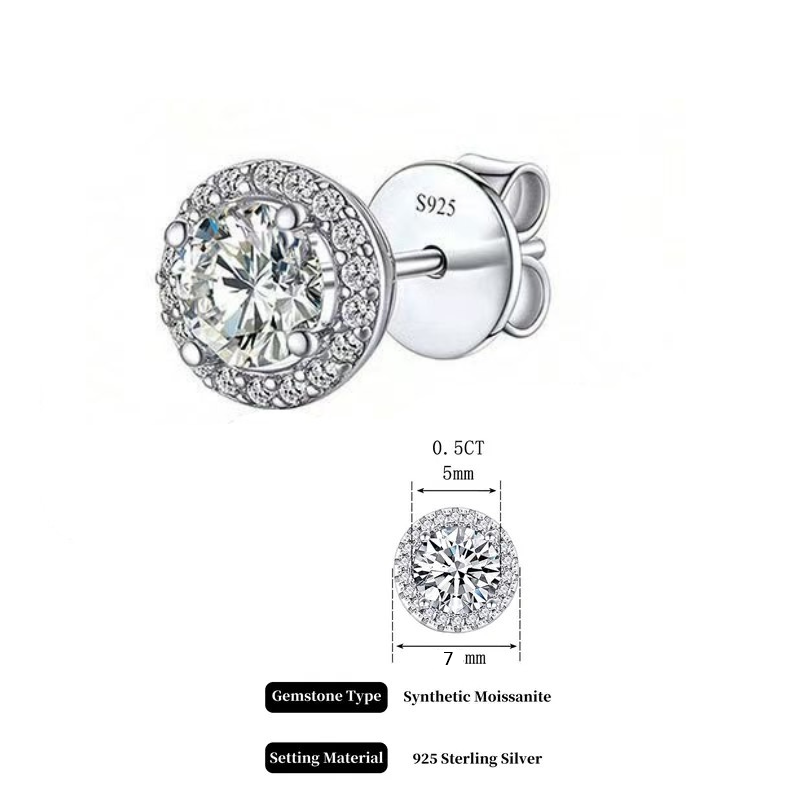 Aura Halo Moissanite Studs 0.5ct Round Brilliant Cut Earrings in 925 Sterling Silver