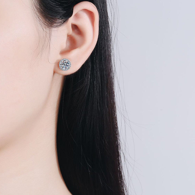Aura Halo Moissanite Studs 0.5ct Round Brilliant Cut Earrings in 925 Sterling Silver