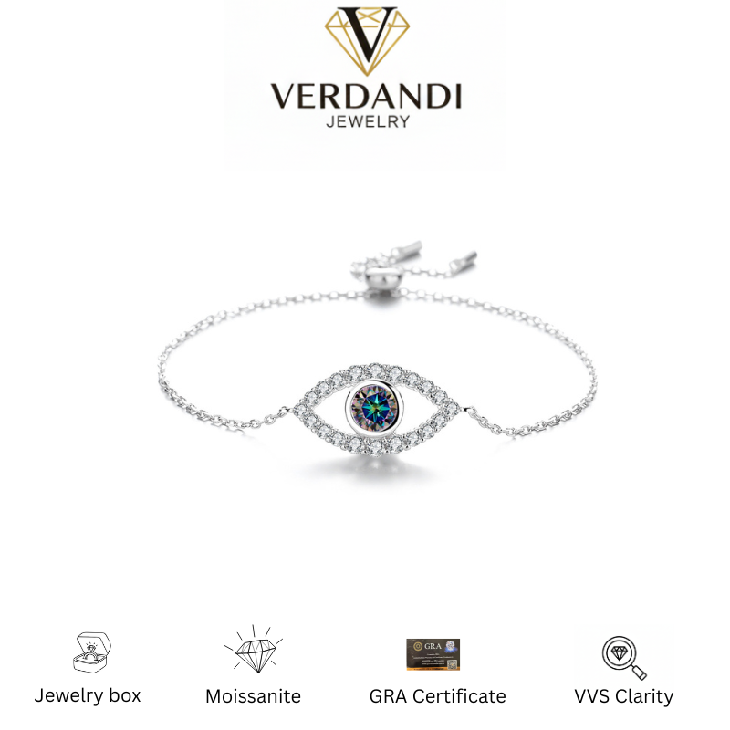 Verdandi Jewelry "The Guardian" Moissanite Evil Eye Bracelet - Adjustable Slider - GRA Certified