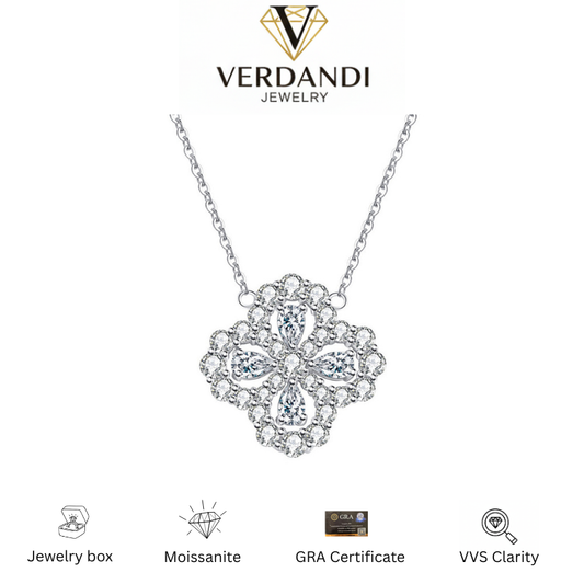 Verdandi Jewelry "Lucky Clover" Moissanite Cluster Necklace - Vintage Style VVS Clarity