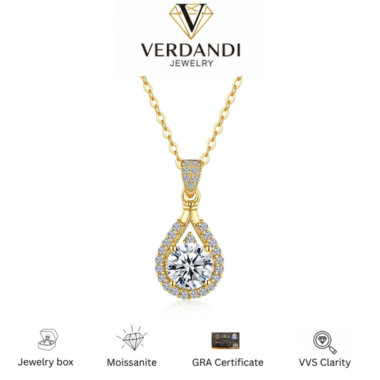 Verdandi Jewelry "Golden Teardrop" 1CT Moissanite Necklace - 14k Gold Plated Halo