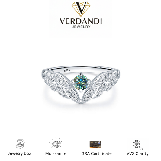 Verdandi Jewelry "Angel Wings" Green Moissanite Ring - S925 Silver