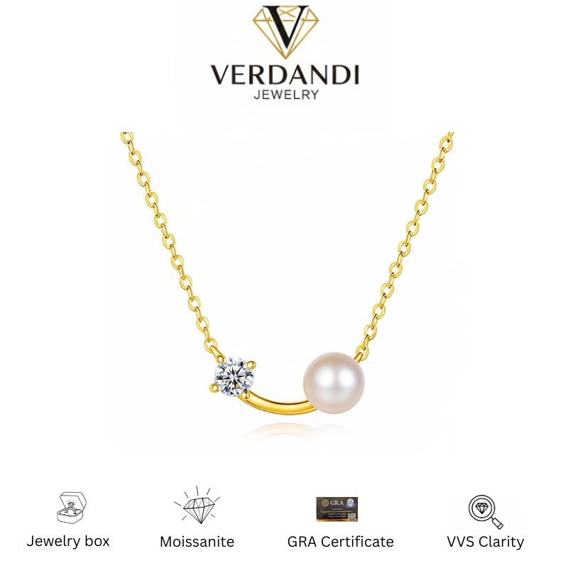 Verdandi Jewelry "Harmony" Pearl & 0.5ct Moissanite Balance Necklace - Gold Plated