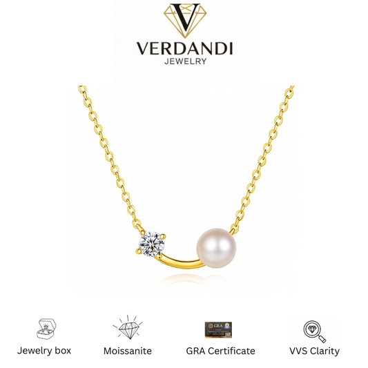 Verdandi Jewelry "Harmony" Pearl & 0.5ct Moissanite Balance Necklace - Gold Plated