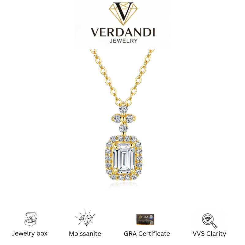 Verdandi Jewelry "The Empress" 1CT Emerald Cut Moissanite Necklace - 14k Gold Plated