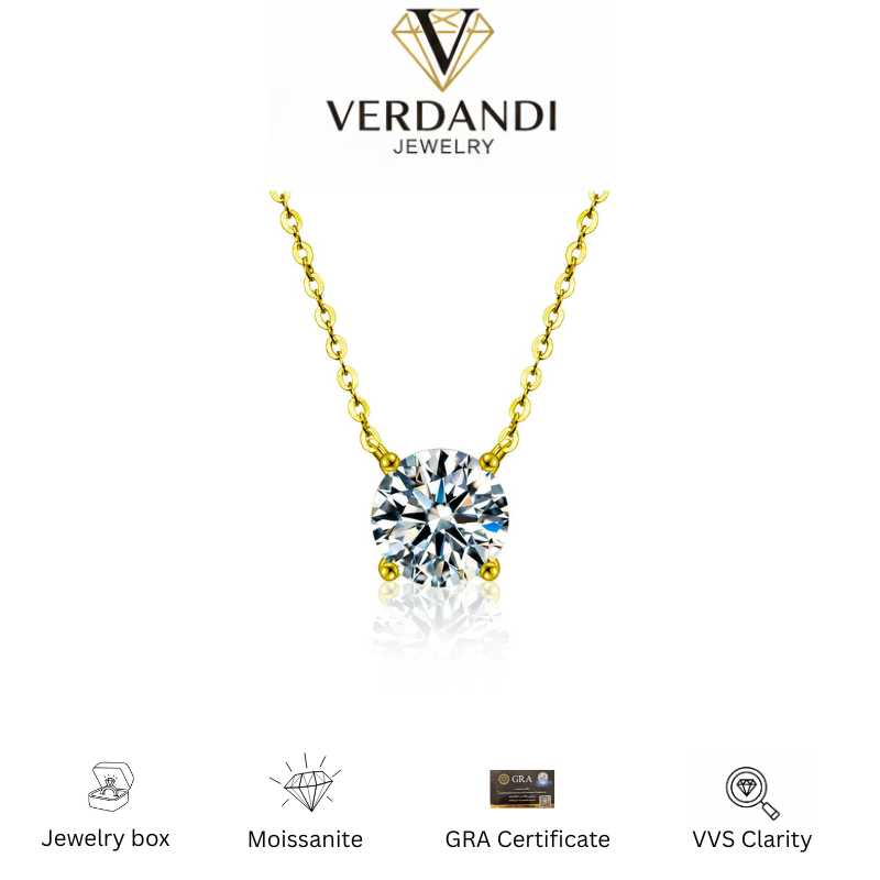 Verdandi Jewelry "The Classic" Round Solitaire Moissanite Necklace - 14k Gold Plated