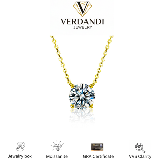 Verdandi Jewelry "The Classic" Round Solitaire Moissanite Necklace - 14k Gold Plated