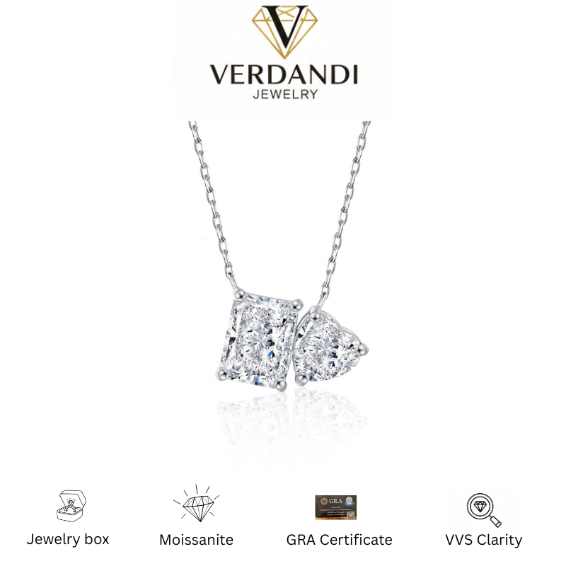 Verdandi Jewelry 1.5 Carat "Two Souls" Necklace - VVS Moissanite Heart & Radiant Cut