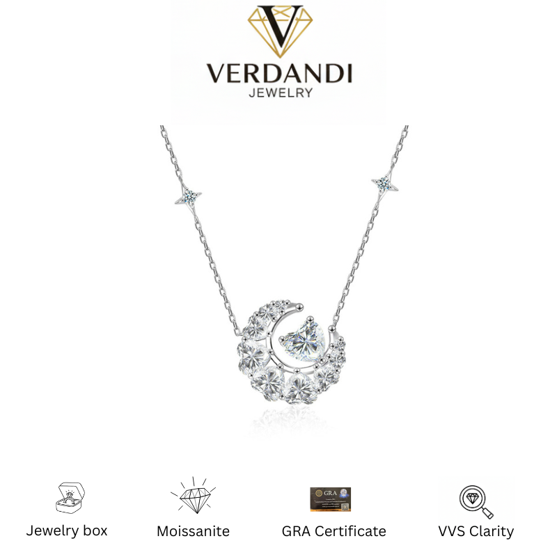 Verdandi Jewelry "Love to the Moon" Moissanite Heart & Crescent Necklace - Star Chain