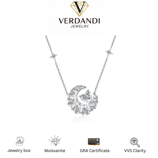 Verdandi Jewelry "Love to the Moon" Moissanite Heart & Crescent Necklace - Star Chain